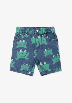 Shorts en denim ornés d'un motif de grenouille vert vif ; taille élastique, fond bleu clair et boutons-pression en métal à l'avant.