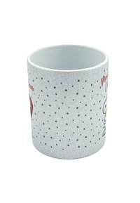 Ceramiczny kubek z błyszczącym białym wnętrzem, zewnętrzna część ma lśniąca szarość z rozsianymi czarnymi kropkami i grafiką w stylu komiksowym.
