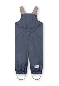 Navyblauwe overall met beige banden, elastische taille en manchetten, en voorzien van een klein label aan de onderkant. Glad, duurzaam materiaal.