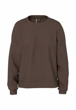 Brun sweatshirt tillverkad av mjukt tyg, med rundad halsringning, neddragna axlar och ribbade muddar för en avslappnad passform. Enkel design i enfärgad stil.