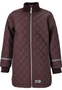 Maroon vuorikankainen takki, jossa on korkea kaulus, vetoketjukiinnitys ja ribbatut hihansuut. Takissa on heijastimet hihoissa sekä logopatch.