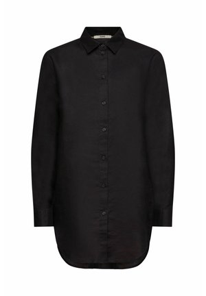 Zwart overhemd met lange mouwen, knopen, spitse kraag, gebogen zoom en zichtbaar Esprit-merklabel aan de binnenkant van de kraag.