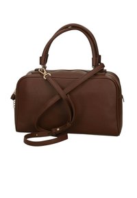 Braune Ledertasche mit genarbter Textur, ausgestattet mit zwei Henkeln, einem abnehmbaren Schulterriemen und einem Reißverschluss in Goldoptik.