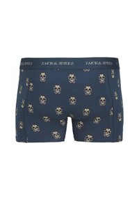 Marineblaue Männer-Boxershorts mit wiederholtem, mehrfarbigem Totenkopf-Muster und einem schwarzen Bund, der in Weiß mit "JACK & JONES" bedruckt ist.