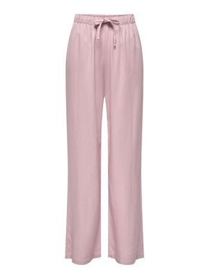 Pantalon large rose clair avec taille élastique et lien à nouer sur le devant, en tissu doux.