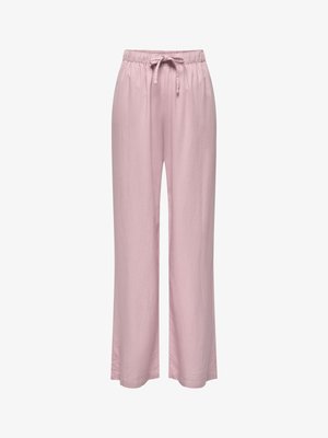 Pantalon large rose clair avec taille élastique et lien à nouer sur le devant, en tissu doux.