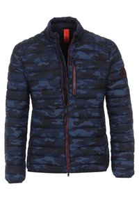 Herrjacka i kviltat material med blå och svart camouflage-mönster, framfoder med dragkedja, bröstficka med dragkedja och uppstående krage.