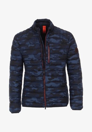 Men's quilted jacket with blue and black camouflage pattern, front zipper, zippered chest pocket, and stand-up collar.