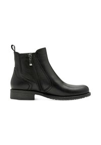 Bottine en cuir noir avec fermeture éclair latérale, petit talon bloc, languette à l'arrière et bout arrondi, vue de profil sur fond blanc.