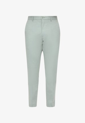 Hellgrüne maßgeschneiderte Hose mit glatter Textur, ausgestattet mit einem Knopfverschluss und geraden Beinen, entworfen mit einem dezenten Karomuster.