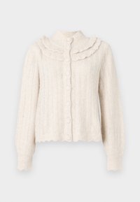 Kremfarget ribbestrikket cardigan med volangkrage, seks knappelukking, lange ermer og bølgete mansjetter. Myk strikket tekstur gjennom hele plagget.