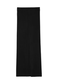 Jupe midi noire à côtes avec une taille ajustée et une fente sur le devant. Le tissu a une texture lisse et une légère élasticité pour le confort.