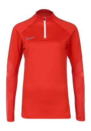 Rotes sportliches Langarmshirt mit einem Halbcollier-Reißverschluss. Verfügt über strukturierte Ärmel mit einem geometrischen Muster. Hergestellt aus atmungsaktivem Material.