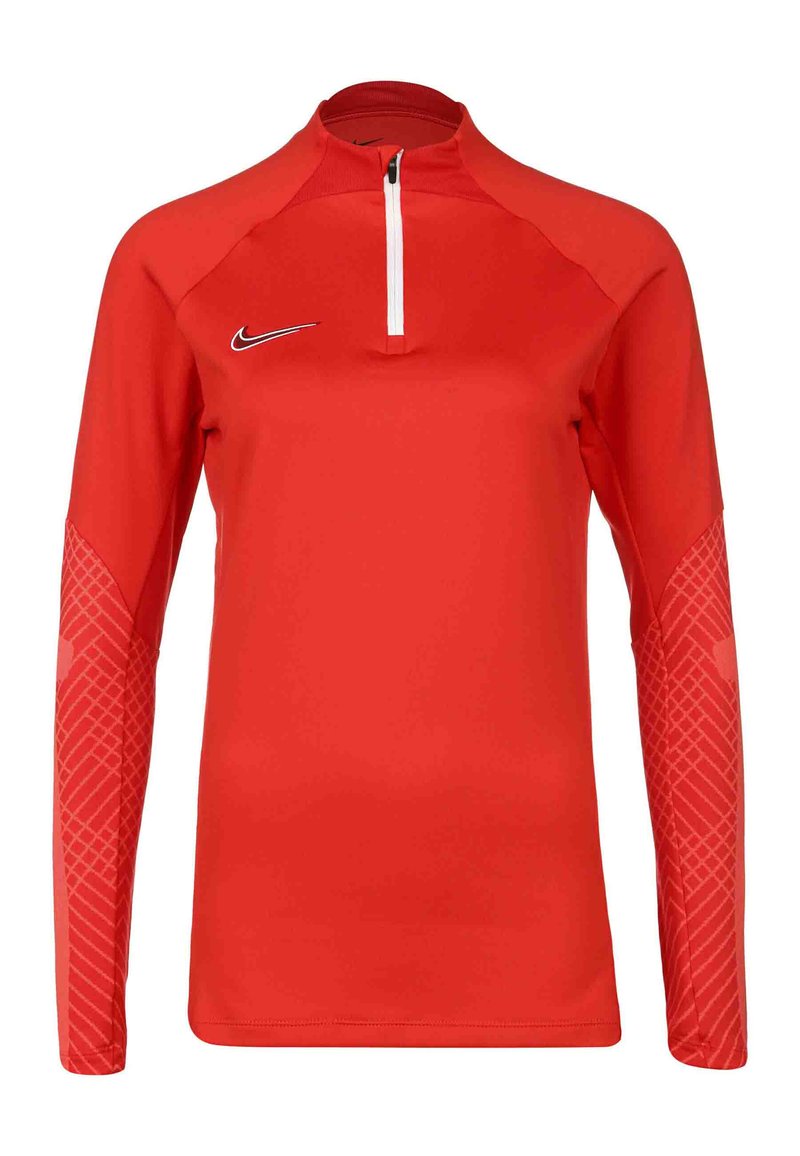 Maglietta atletica rossa a maniche lunghe con colletto a mezzo zip. Presenta maniche testurizzate con un motivo geometrico. Realizzata in materiale traspirante.