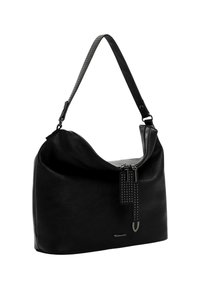 Zwarte leren schoudertas met een enkele band, ritssluiting en een decoratieve getekende tassel met studs, voorzien van een klein merkembleem aan de voorkant.