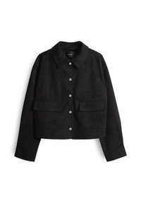 Giacca in suede nera con colletto, caratterizzata da bottoni a pressione argentati, due tasche frontali e un design corto con maniche lunghe.