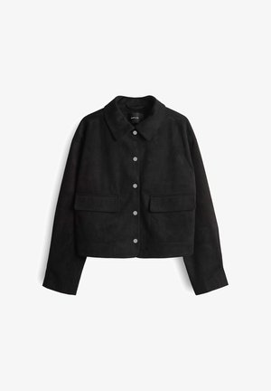 Black suede jacket with a collar, featuring silver snap buttons, two front pockets, and a cropped design with long sleeves.