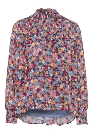 Blaue Bluse mit langen Ärmeln, mehrfarbigem Blumenmuster, hohem gesammeltem Kragen und elastischen Bündchen mit Rüschendetails.