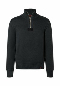 Dunkelgrauer Zip-Pullover aus strukturierter Strickware. Mit Stehkragen, gerippten Bündchen und einem kleinen Logo am Saum.