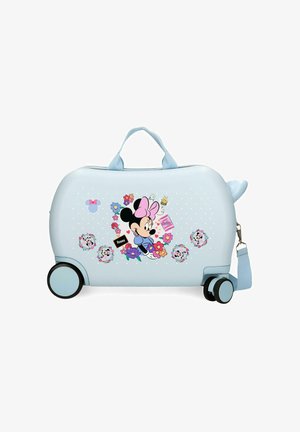 Maleta azul claro para niños con cuatro ruedas, con Minnie Mouse sosteniendo flores y patrones florales decorativos.