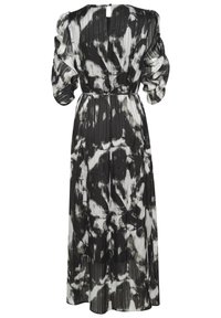 Zwart-wit bloemenprint jurk met pofmouwen, geplooide textuur en een ceintuur in de taille. Heeft een keyhole opening aan de achterkant. Elegant en maxi-lengte.