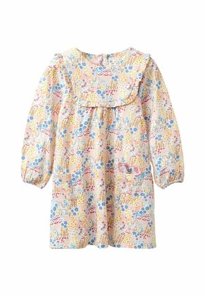 Langärmliges Kleinkindkleid mit bunten Blumen- und Einhornmustern, gerafftem Joch und vorderen aufgesetzten Taschen, eine mit einem Einhorn-Applikation.
