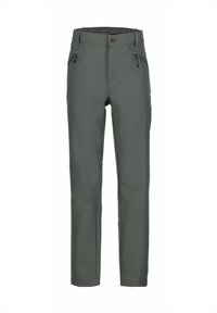 Pantalon de plein air vert avec un design à jambes droites, fabriqué en tissu durable. Comprend deux poches latérales zippées et des renforts aux genoux.