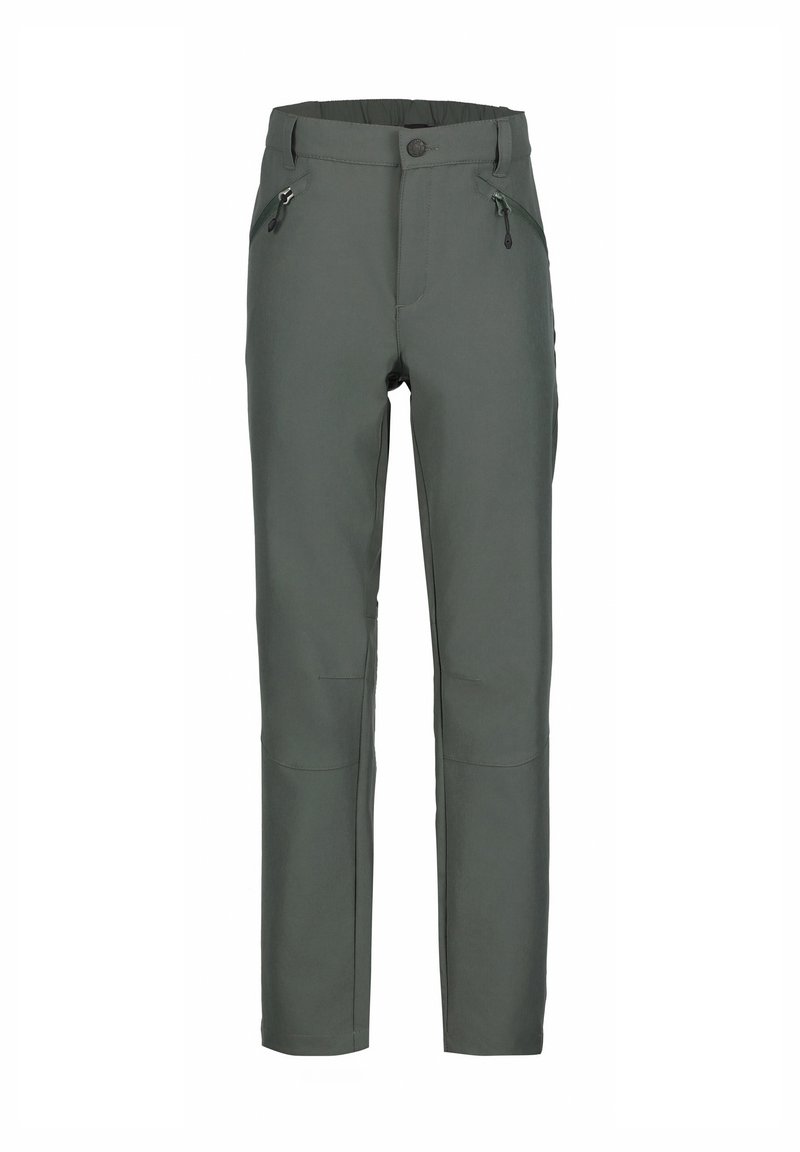 Pantalon de plein air vert avec un design à jambes droites, fabriqué en tissu durable. Comprend deux poches latérales zippées et des renforts aux genoux.