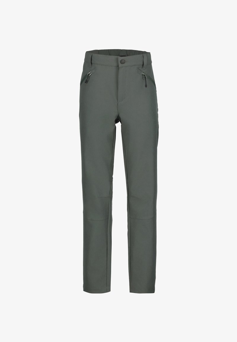 Vihreät ulkoiluhousut suoralinjaisella muotoilulla, valmistettu kestävästä kankaasta. Varustettu kahdella vetoketjullisella sivutaskulla ja vahvistetuilla polvisuojilla.