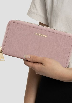 Pink textured leather wallet with gold hardware and zipper, featuring the brand name "LAZAROTTI" embossed on the front.