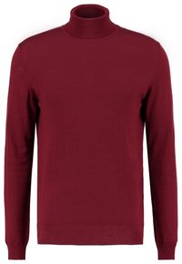 Pullover a collo alto color bordeaux realizzato in morbido tessuto knit, caratterizzato da maniche lunghe e una silhouette aderente con collo e orlo a costine.