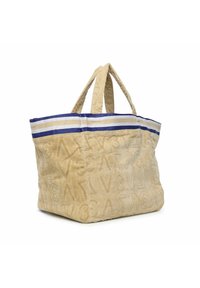 Grote beige stoffen totebag met reliëfletters, afgewerkt met blauw-witte gestreepte accenten en dubbele stoffen handvatten.