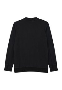 Zwarte sweatshirt met lange mouwen, geribbelde manchetten, kraag en zoom, vanaf de achterkant getoond op een witte achtergrond.