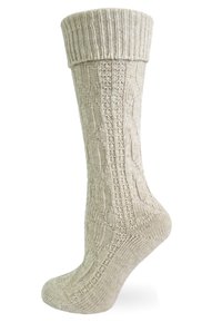 Strickwollsocke in hellbeige mit geripptem Bund, ausgestattet mit einem strukturierten Zopfmuster und einem glatten, zulaufenden Fuß.