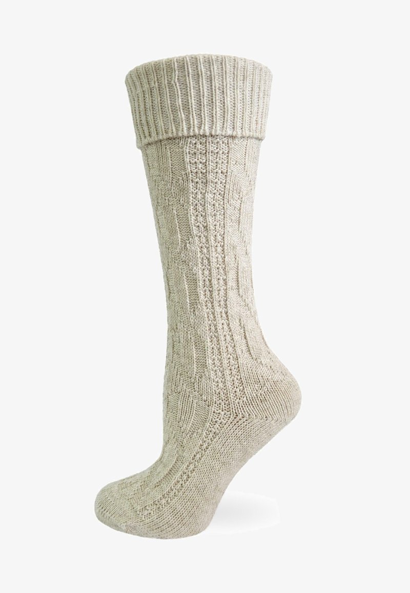 Strickwollsocke in hellbeige mit geripptem Bund, ausgestattet mit einem strukturierten Zopfmuster und einem glatten, zulaufenden Fuß.