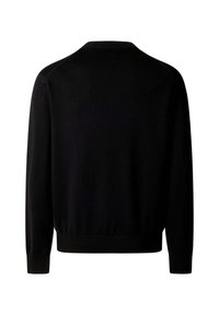 Black long-sleeve sweater with ribbed cuffs and hem, shown from the back on a white background.