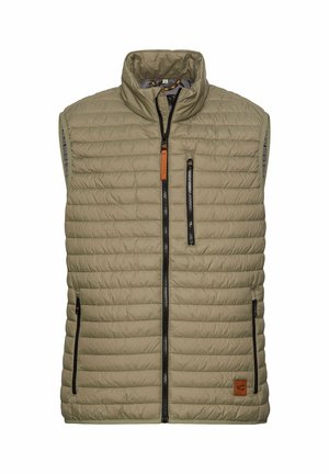 Olive green padded vest with high collar, zip front, two zippered side pockets, and a textured, quilted design. Features brown leather tab.
