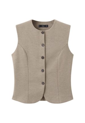 Chaleco beige con un diseño ajustado, que presenta un cuello redondo, seis botones en el frente y paneles laterales. Hecho de una tela texturizada.