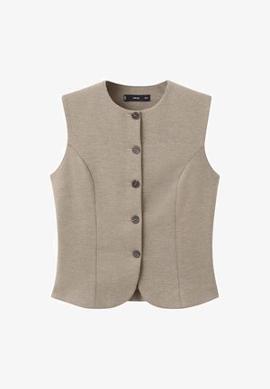 Gilet beige au design ajusté, avec un col rond, six boutons à l'avant et des panneaux latéraux. Fabriqué en tissu texturé.
