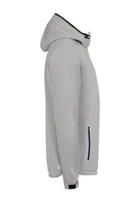 Gray waterproof jacket with a hood, featuring a front zipper pocket, adjustable hood, and black accents on the neckline and cuffs.