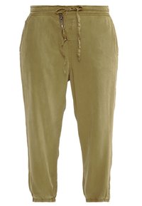 Pantalones casuales de color marrón claro con cinturilla elástica, cordón de ajuste, bolsillos con cremallera y puños elásticos en los tobillos.