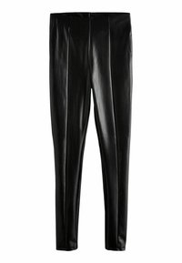 Leggings neri in similpelle con una consistenza liscia, dotati di vita alta e dettagli di cucitura sia sul davanti che sul retro.