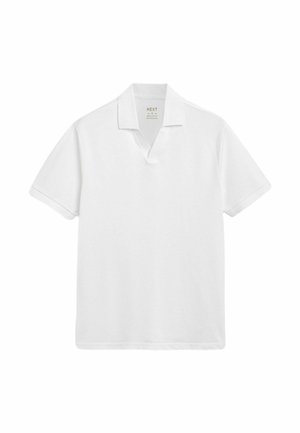 White polo shirt with a V-neck design, short sleeves, and a regular fit. Made of smooth fabric with minimalistic detailing.