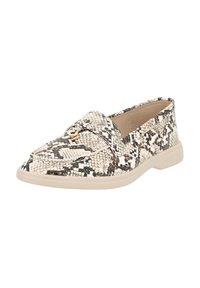 Slangenprint loafers in beige en zwart, met een gestructureerde bovenkant, decoratieve strik en een platte, lichtgekleurde zool.