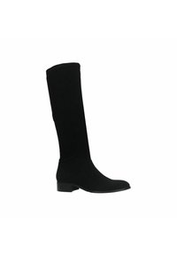 Black over-the-knee boots made of soft fabric, featuring a fitted design, low heel, and a smooth texture without decorative elements.
