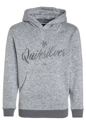 Sweat à capuche gris tricoté avec poche avant, logo Quiksilver brodé et motif de palmier sur la poitrine, poignets et ourlet côtelés.