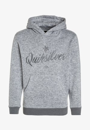 Sweat à capuche gris tricoté avec poche avant, logo Quiksilver brodé et motif de palmier sur la poitrine, poignets et ourlet côtelés.