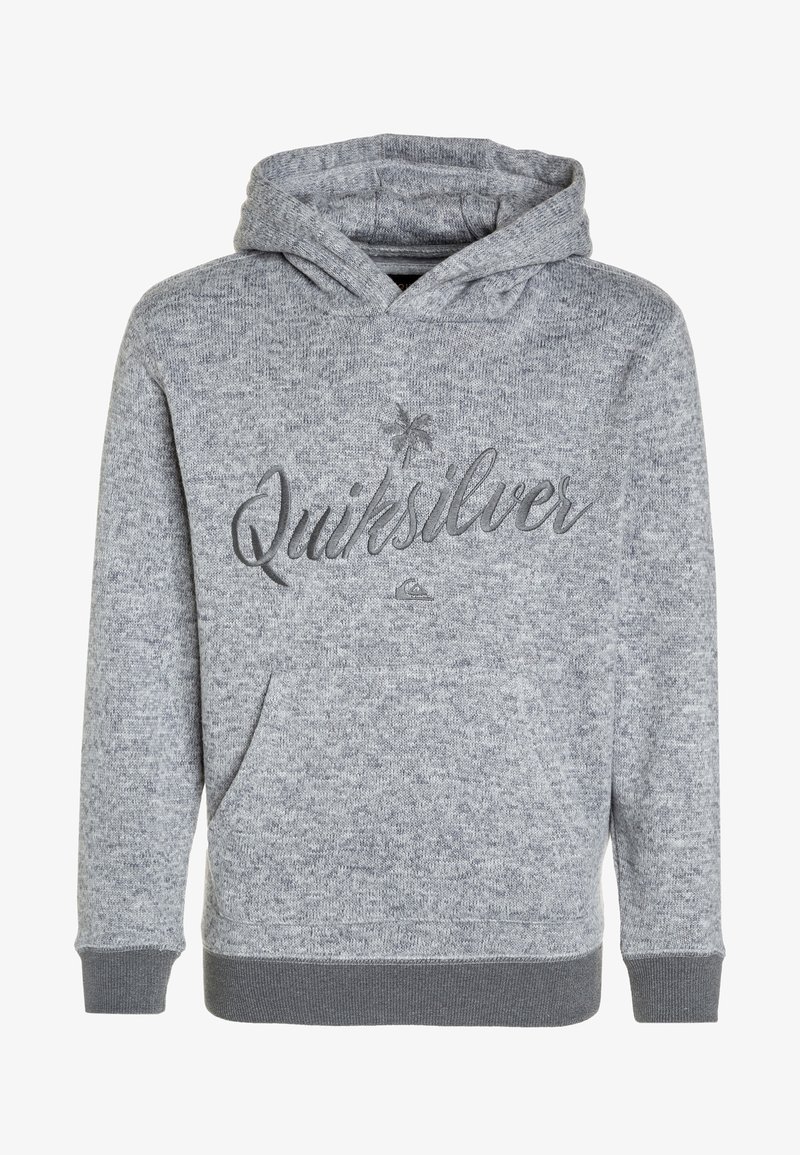 Sweat à capuche gris tricoté avec poche avant, logo Quiksilver brodé et motif de palmier sur la poitrine, poignets et ourlet côtelés.