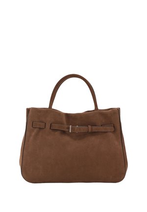 Brown suede handbag with short handles and a narrow strap with buckle detail across the front center.