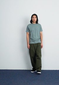 Tricou scurt de culoare verde deschis, cu un mic logo pe piept, asociat cu pantaloni largi de culoare măslinie și adidași negri. Aspect simplu și casual.